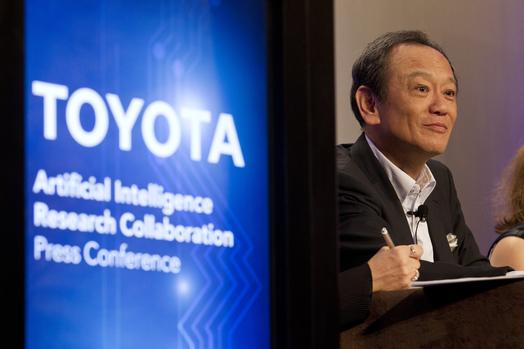 Toyota Motor Corporation Senior Managing Officer and Chief Officer of R&D Group Kiyotaka Ise speaks at a press conference announcing Toyota's collaboration with MIT and Stanford to accelerate artificial intelligence research.