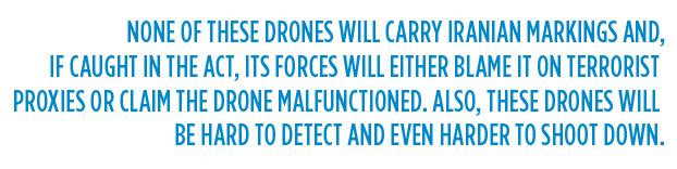 None of these drones will carry Iranian markings and if caught in the act, forces with either blame it on terrorist proxies or claim the drone malfunctioned.